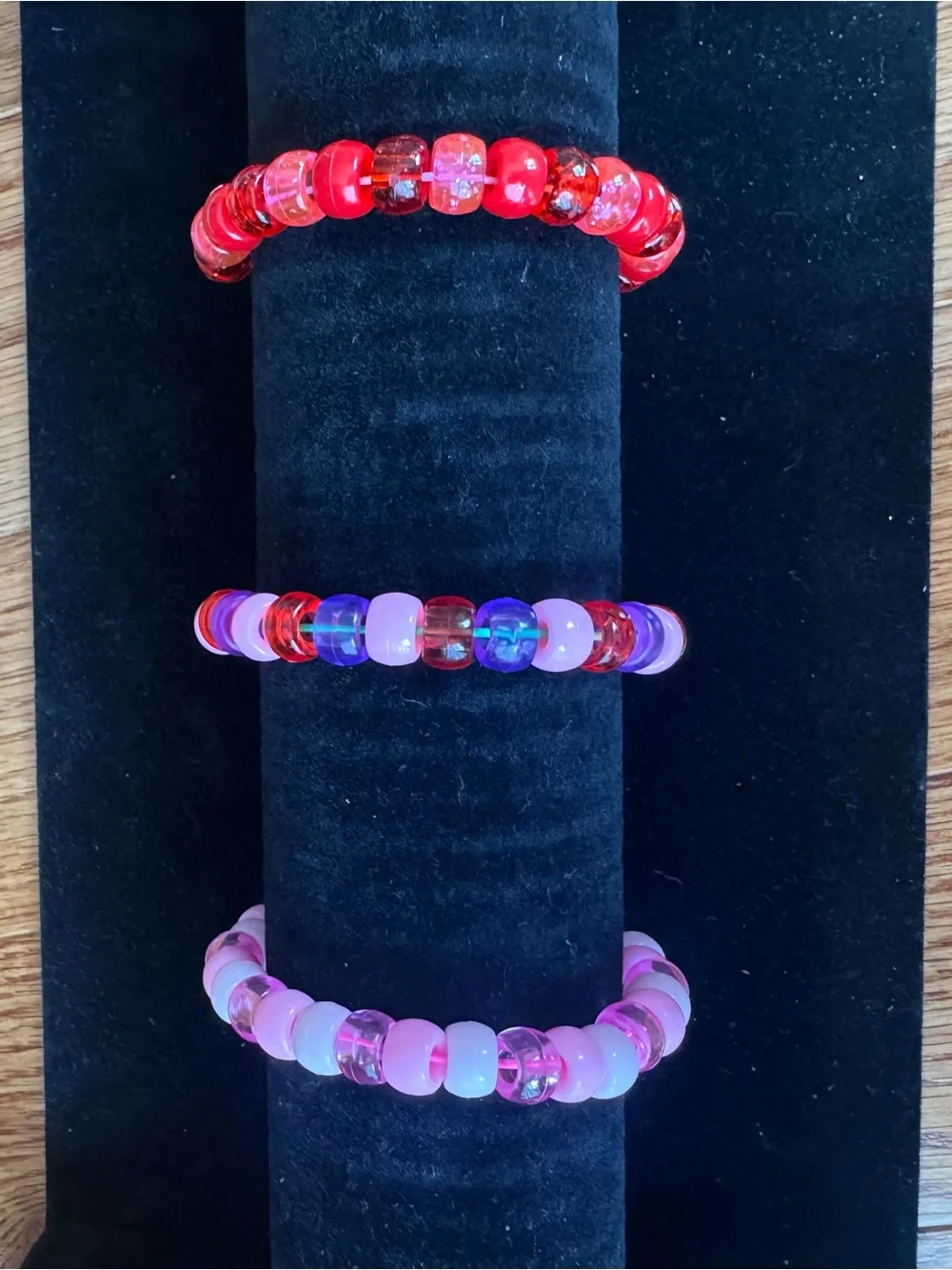 Girls' Colorful Beaded Stretch Bracelet Trio — Red, Purple & Pink